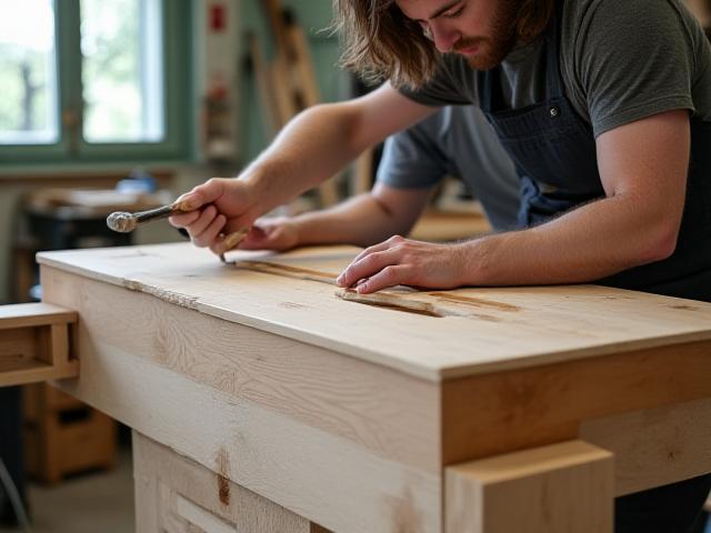 Artisan crafting a bespoke bathroom vanity unit with solid wood